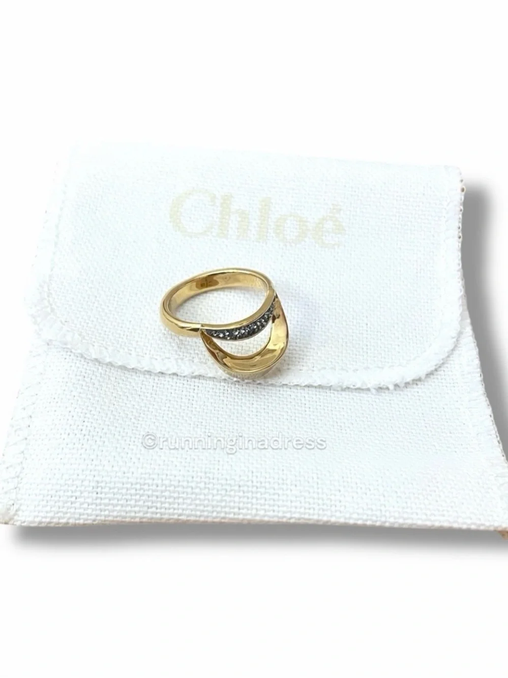 Chloé Crescent Pave Crystal Ring Gold Tone Statement EU 54 US 7 Full Set Box Bag